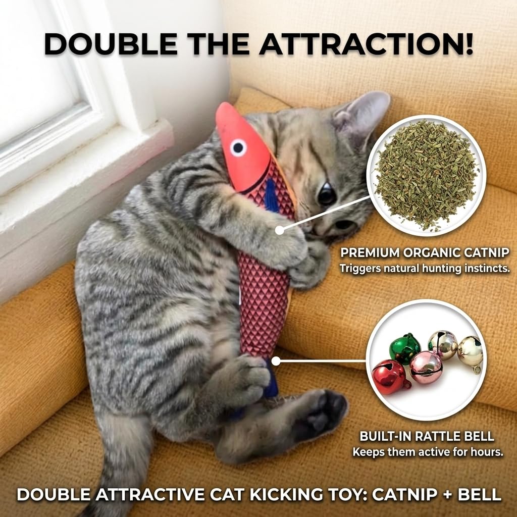 Tails & Tales Juguetes para gatos de peluche con sonido de pez, hierba gatera y arrugados, resistentes a las mordeduras y suaves juguetes interactivos para gatos y gatitos de interior, reduce el