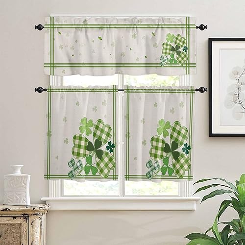 Miniatura 2 de Juego de cortinas de cocina, juego de cortinas y cenefas de cocina para el día de San Patricio, celosía verde, tréboles de la suerte, cortinas de
