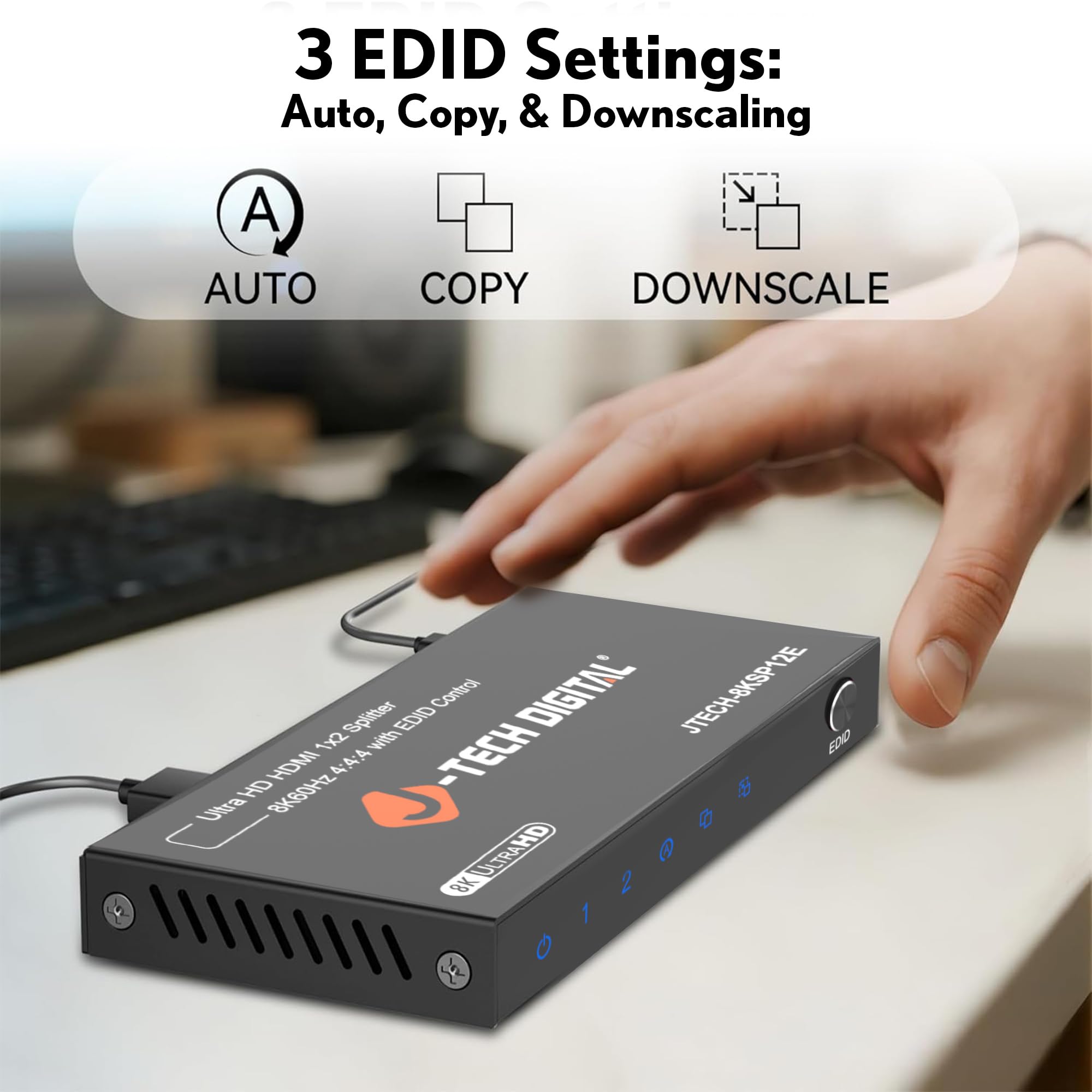 J-Tech Digital Splitter HDMI 2.1 8K 1 in 2 Out, HDMI 1x2 Splitter 8K @60Hz 4K @120Hz 1080P@240Hz, schermo duplicato/mirroring, 3 modalità EDID con downscaling [JTECH-8KSP12E]