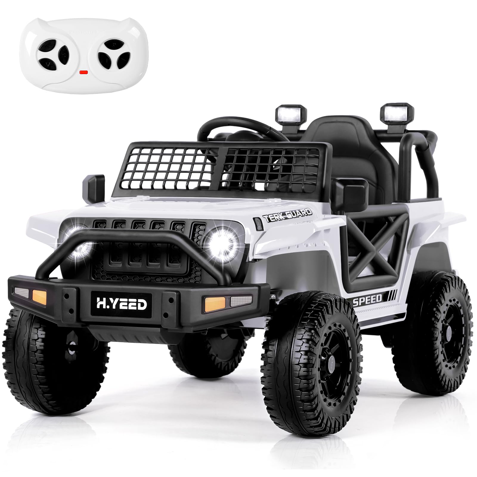 H.yeed 12V Kids Electric Ride on Car for 3-8, 2 Motors Off Road Truck with 2.4G Remote Control, LED Lights, Music, Horn & Wireless Connection, Battery Powered Ride on Toy for Boys Girls (White)