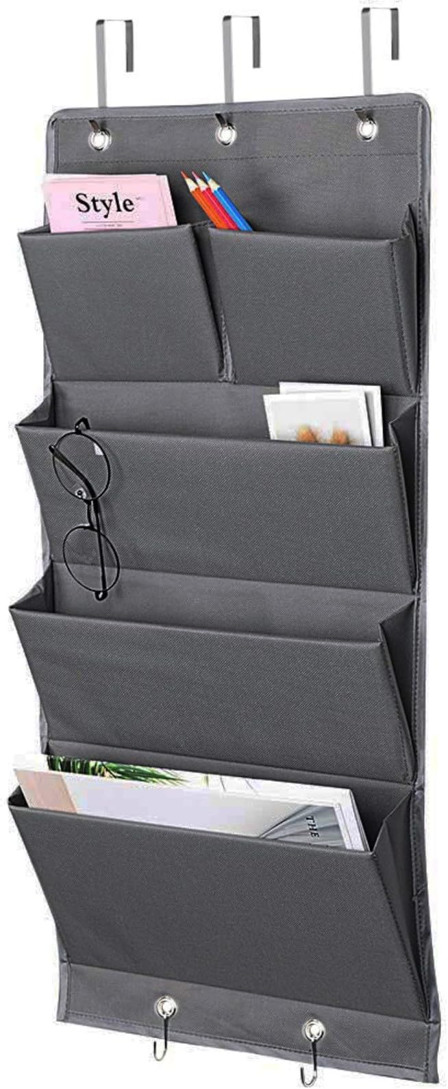 5 Pockets Over the Door Organizer and Storage Hanging with Hooks, Wall Mount Office Supplies File Folders Document Holder for Notebooks, Paper,Supplies, Closets, Families, Filing (Gray)