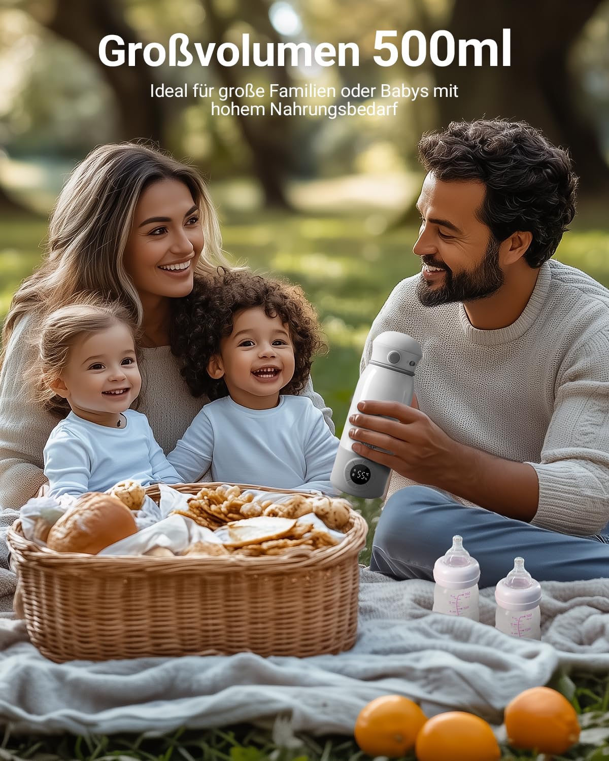 Bear Tragbarer Flaschenwärmer Baby für unterwegs, Schnell aufheizbarer elektrischer Milchwärmer ohne BPA, großes Fassungsvermögen von 500 ml für Muttermilch und Wasser, für Auto, Camping und Reisen