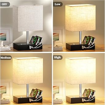 Beige Touch Lamp, Bed Side Lamp with 2 USB Charging Station, Black Metal Base (Bulb Included)