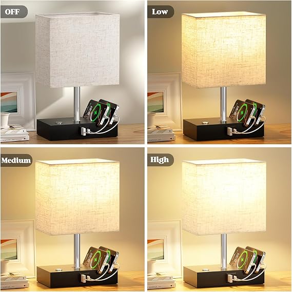 Beige Touch Lamp, Bed Side Lamp with 2 USB Charging Station, Black Metal Base (Bulb Included)