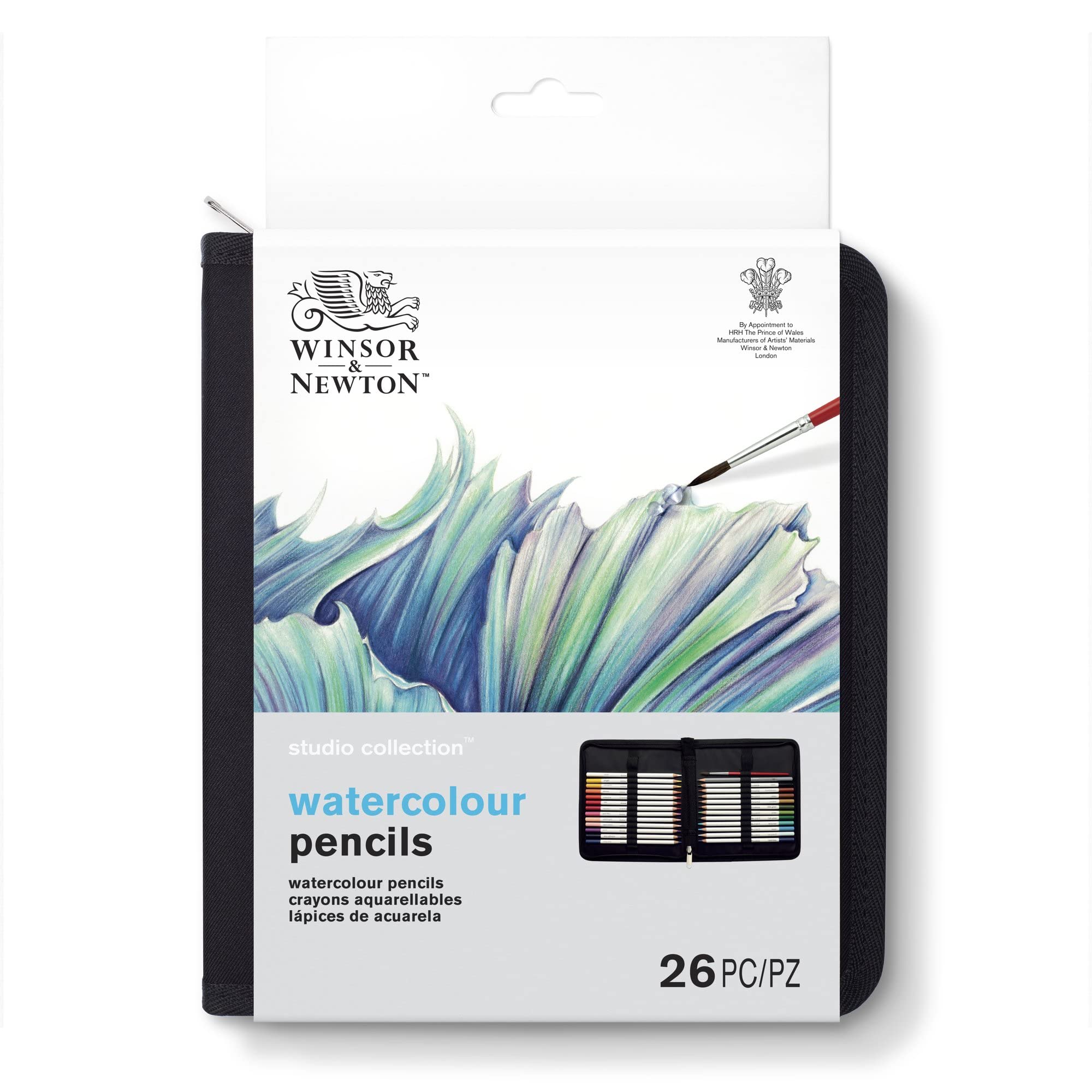 Winsor & Newton 2090005 26-teiliges Geschenkset zum Skizzieren, Illustieren, Zeichnen für Künstler mit 24 Aquarellstiften 1 Skizzenstift in HB und 1 Pinsel