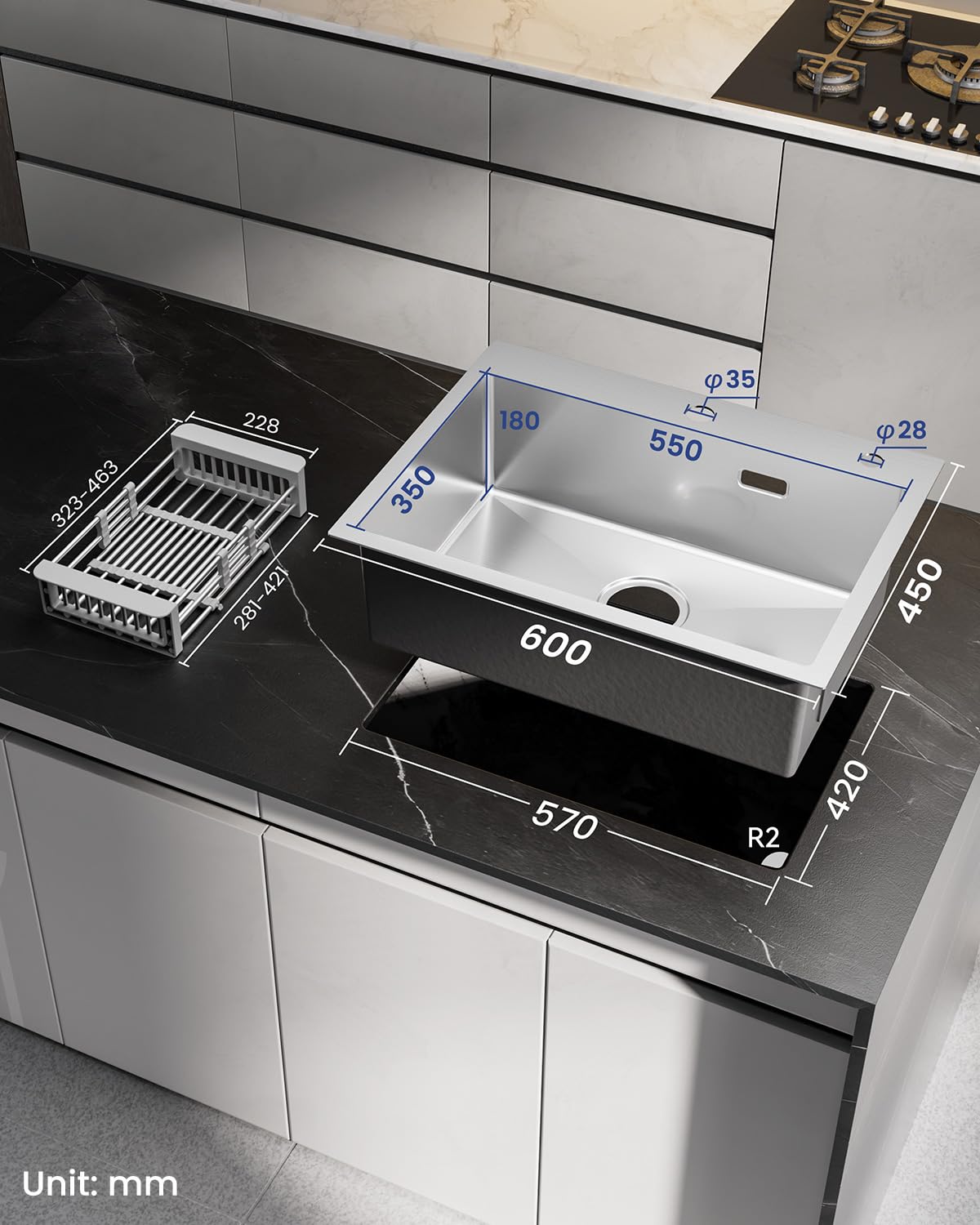 SUS 304 - Lavello da cucina da 60 x 45 cm, moderno lavello da incasso, rettangolare, in acciaio inox, per sottolavelli a partire da 60 cm, con 2 fori per rubinetto e sifone
