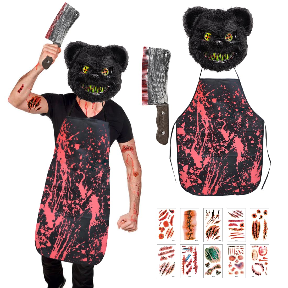 Epokus Disfraz de oso de terror, disfraz de Halloween para Hombre, Máscara de Oso de Terror Negro, Cuchillo de Cocina Sangriento, Delantal, Adhesivo para Halloween Carnaval Tema Terror Cosplay Fiesta