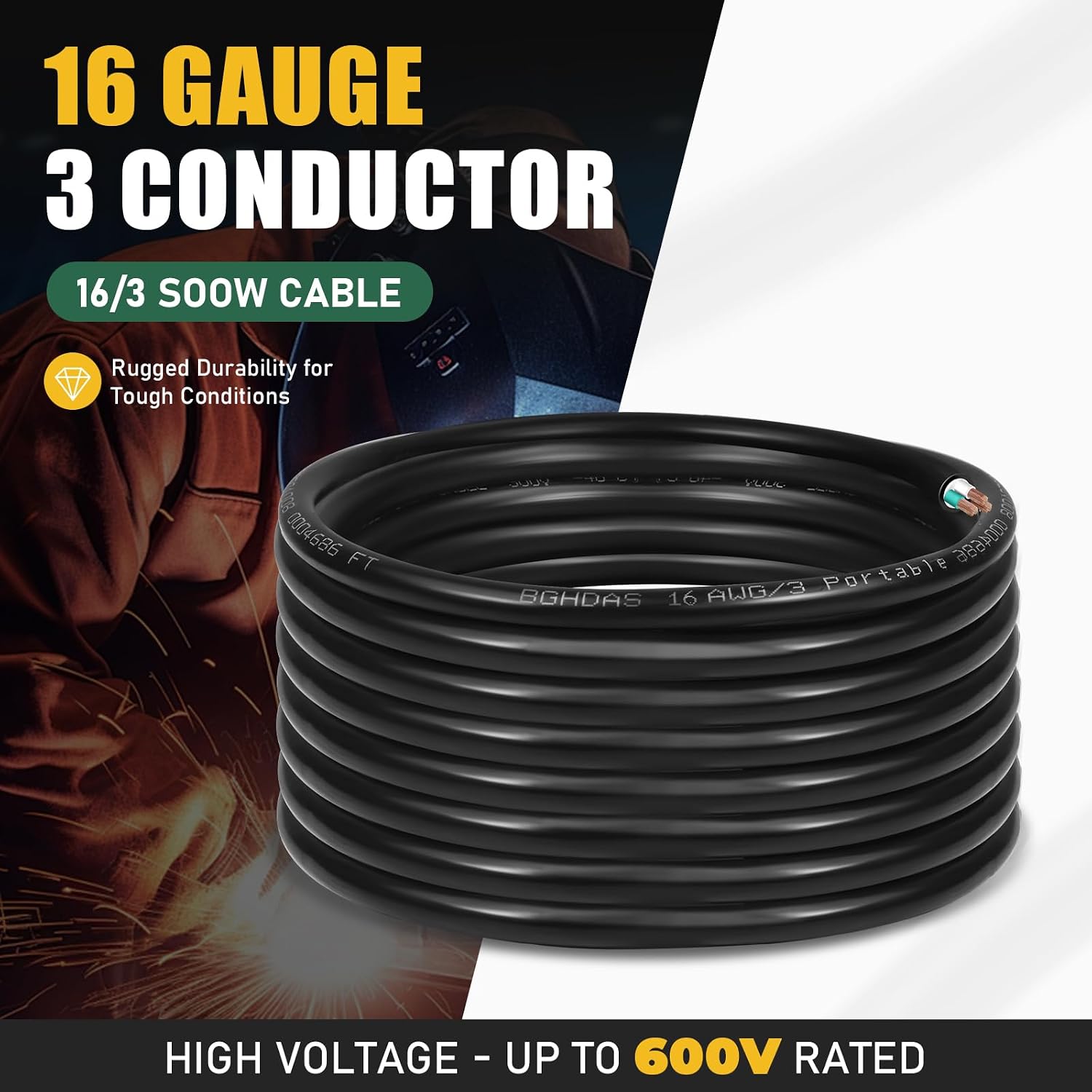 200ft 16/3 16 AWG Portable Power Cable (3 Conductor) - SOOW 600V 16 Gauge Electric Wire for Motor Leads, Generator, Portable Lights, Car Battery Chargers and Machinery - 200 Feet Electrical Cord