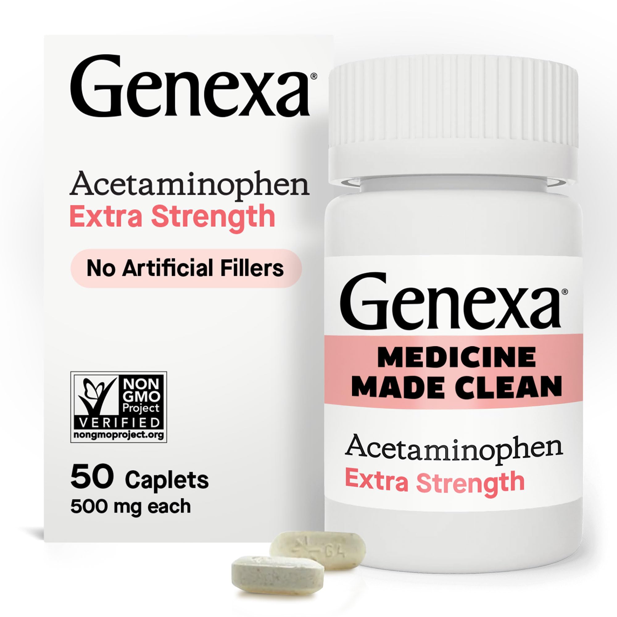 GenexaClean Acetaminophen Extra Strength, Dye Free Pain Reliever & Fever Reducer, 0% Artificial Additives, Pain Relief for Headache, Backache, Toothache, & Minor Arthritis, 500mg Caplets, 50 ct