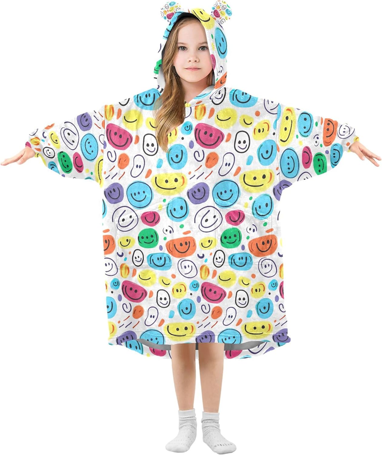 Smiley Face Kids Wearable Blanket Hoodie with Pocket and Sleeves for Toddlers, Cute Hoodies Girls Boys B0403798