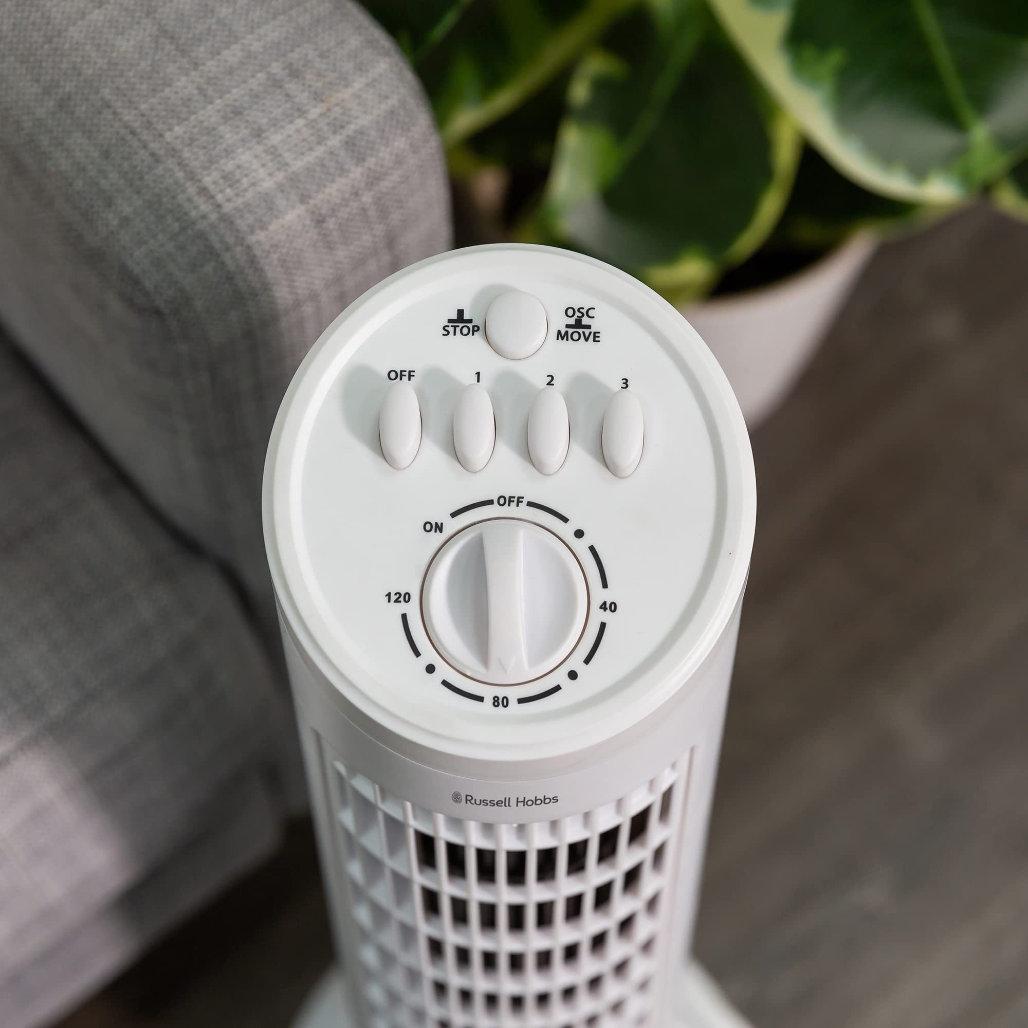 Russell Hobbs RHTF2921 Turmventilator, leicht, 74 cm, 3 Geschwindigkeiten, 75° Schwenkwinkel, kräftiger Luftstrom, leise im Betrieb, Timer-Funktion, ideal für Heim oder Büro, weiß