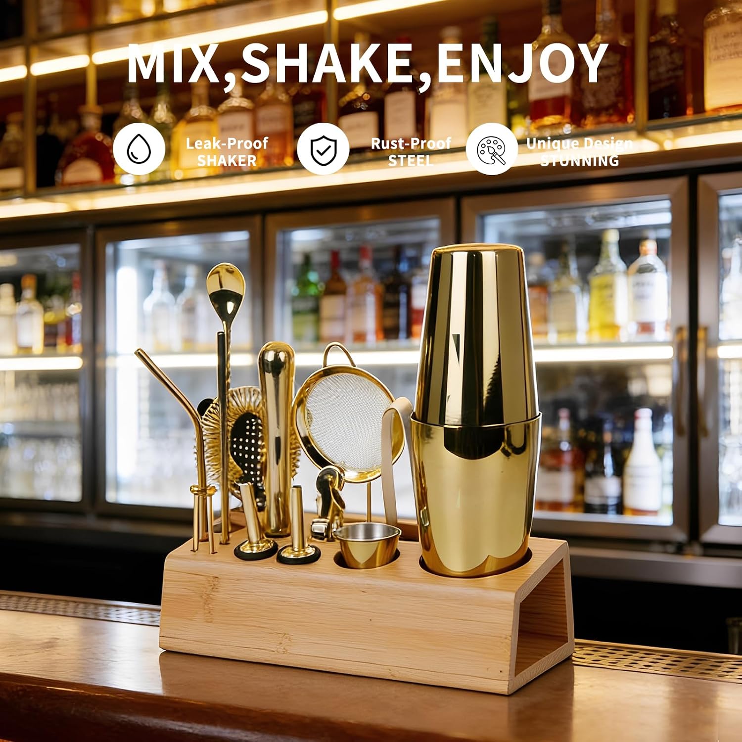 Cocktail Shaker Set Bartender Kit with Bamboo Stand, 15-Piece Stainless Steel Bar Set Accessories, Professional Bartending Kit Home Bar Tools Set with Recipes (Gold, Natural Wood Stand)