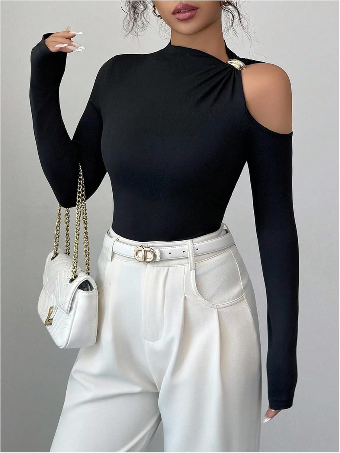 MakeMeChic Women's Asymmetrical Tops Cut Out Long Sleeve Elegant Tee Shirt Fitted Tops Fall Clothes - Image 4