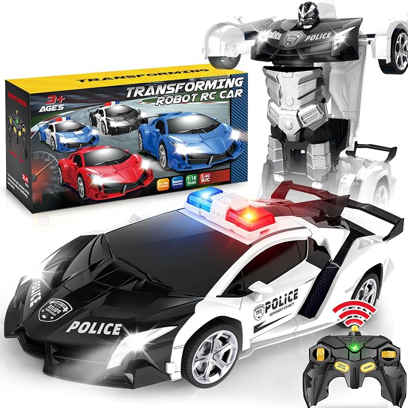Dolanus auto de policía con control remoto: robot transformador, regalo de juguetes para niños, mayores de 3 años | Robot transformador de auto RC, luz intermitente, 2,4 Ghz, giratorio, juguetes para niños de 5 a 7 años, regalos de cumpleaños para 3 4 5 6 7 8 años