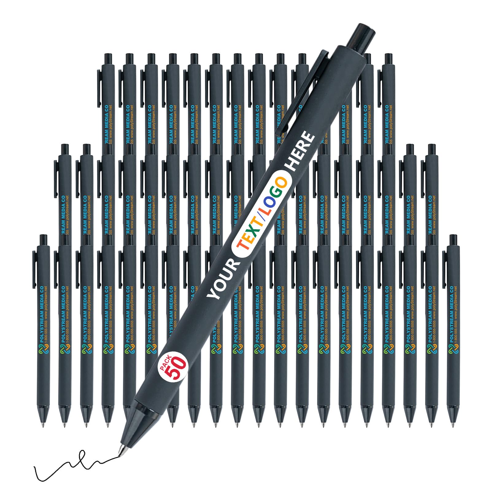 Vebermo 50 Pack Personalised Pens Bulk, Custom Engraved Pens with Logo/Name/Text, Smooth Writing Personalised Pens for Business, Weddings, Graduation & Office, Black Ink, Retractable, Black