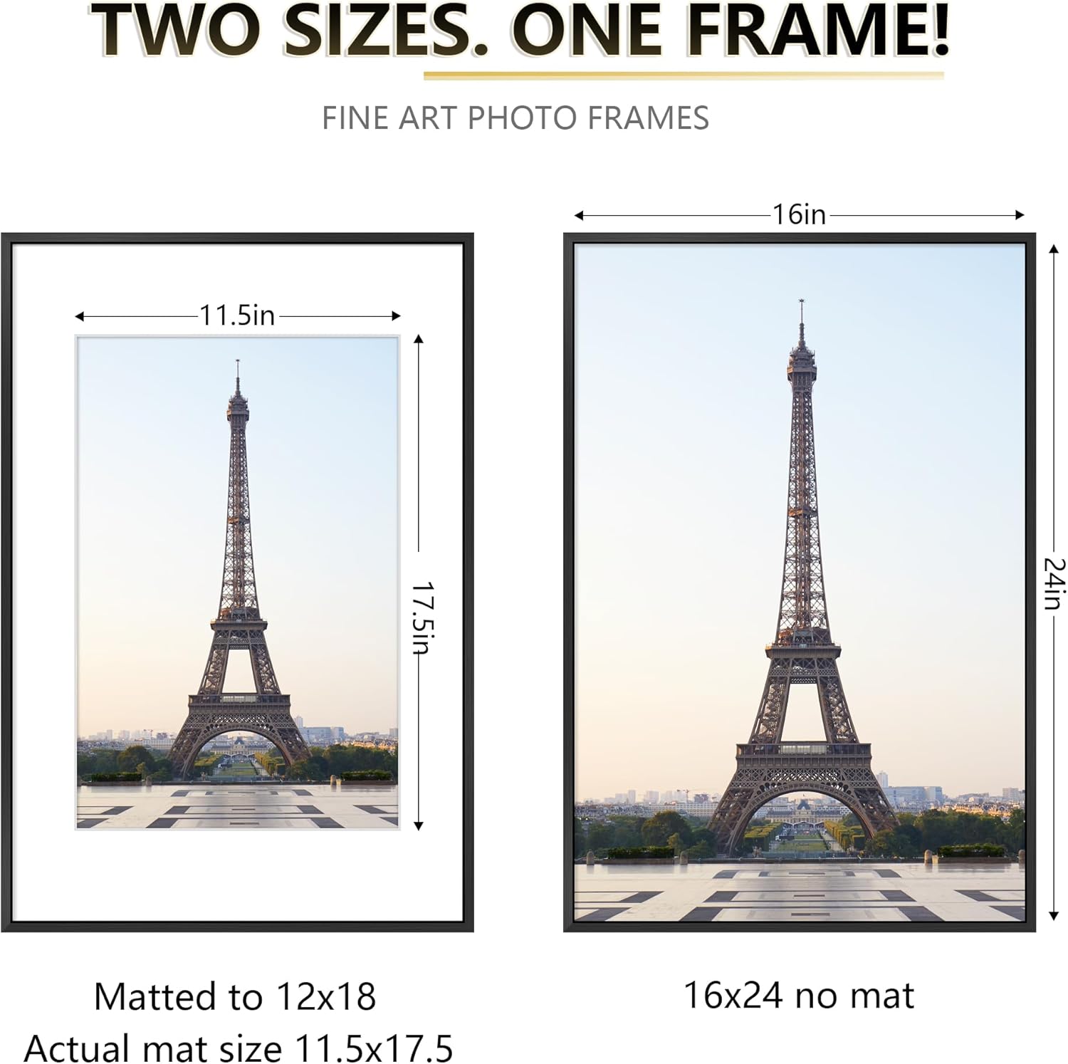 16x24 Frame Black – Aluminum Poster Frame with Real Glass, 12x18 Picture Frame with Mat or 16 x 24 Without, Large Metal Wall Frame for Photos & Artwork