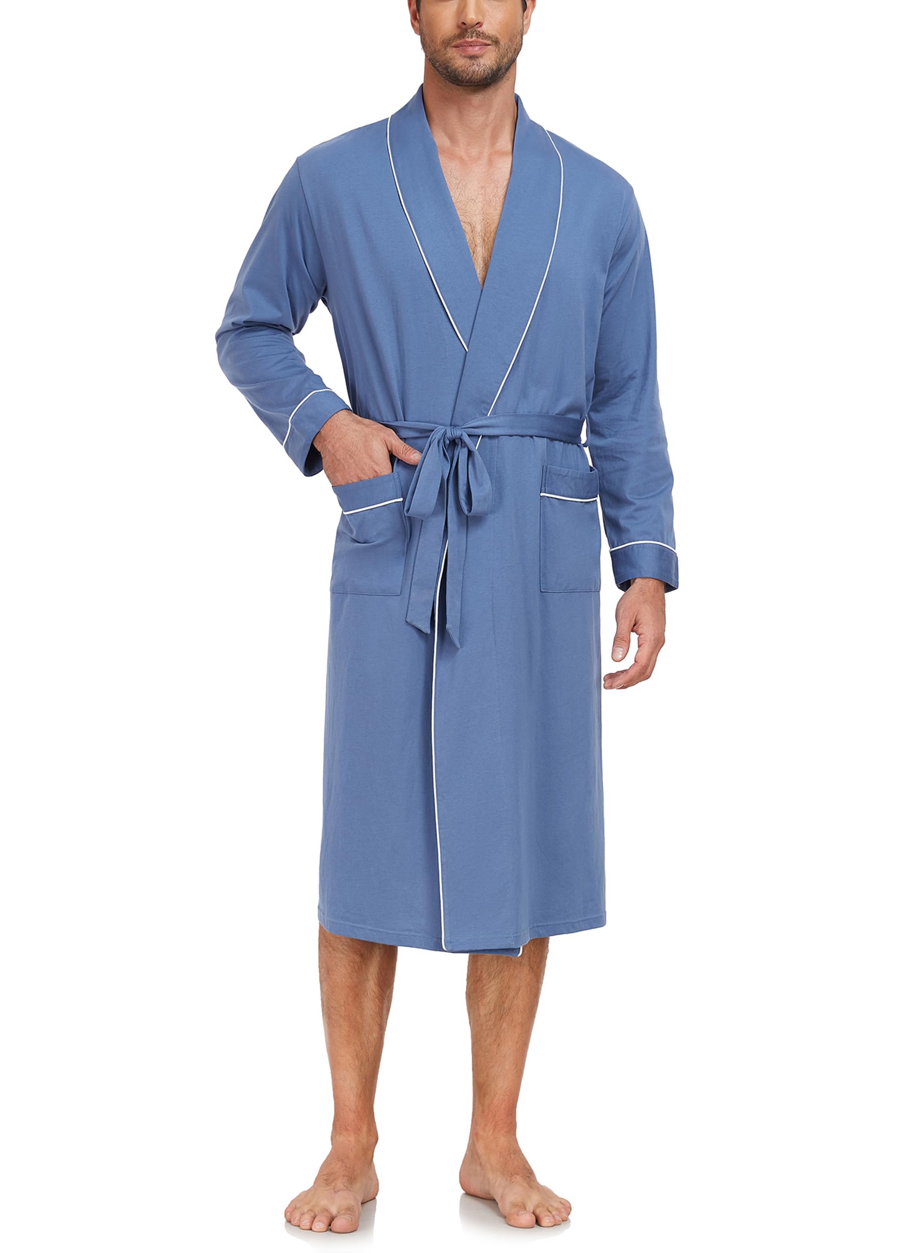 EA'S SECRET Herren Bademantel 100% Baumwolle Leichter Strick-Spa-Bademantel für Sommer Langes Schlafgewand mit Taschen klassischem Schalkragen