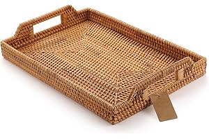 Rattan Serving Tray for Coffee Table with Handles (14.5x10.2x1.4inches)
