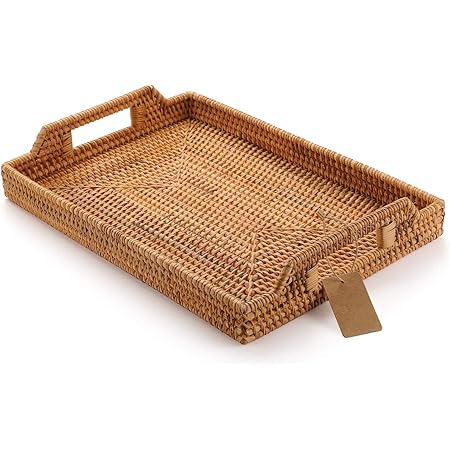 Hand-Woven Rattan Rectangular Serving Tray with Handles for Breakfast, Drinks, Snack for Coffee Table (14.5x10.2x1.4inches)