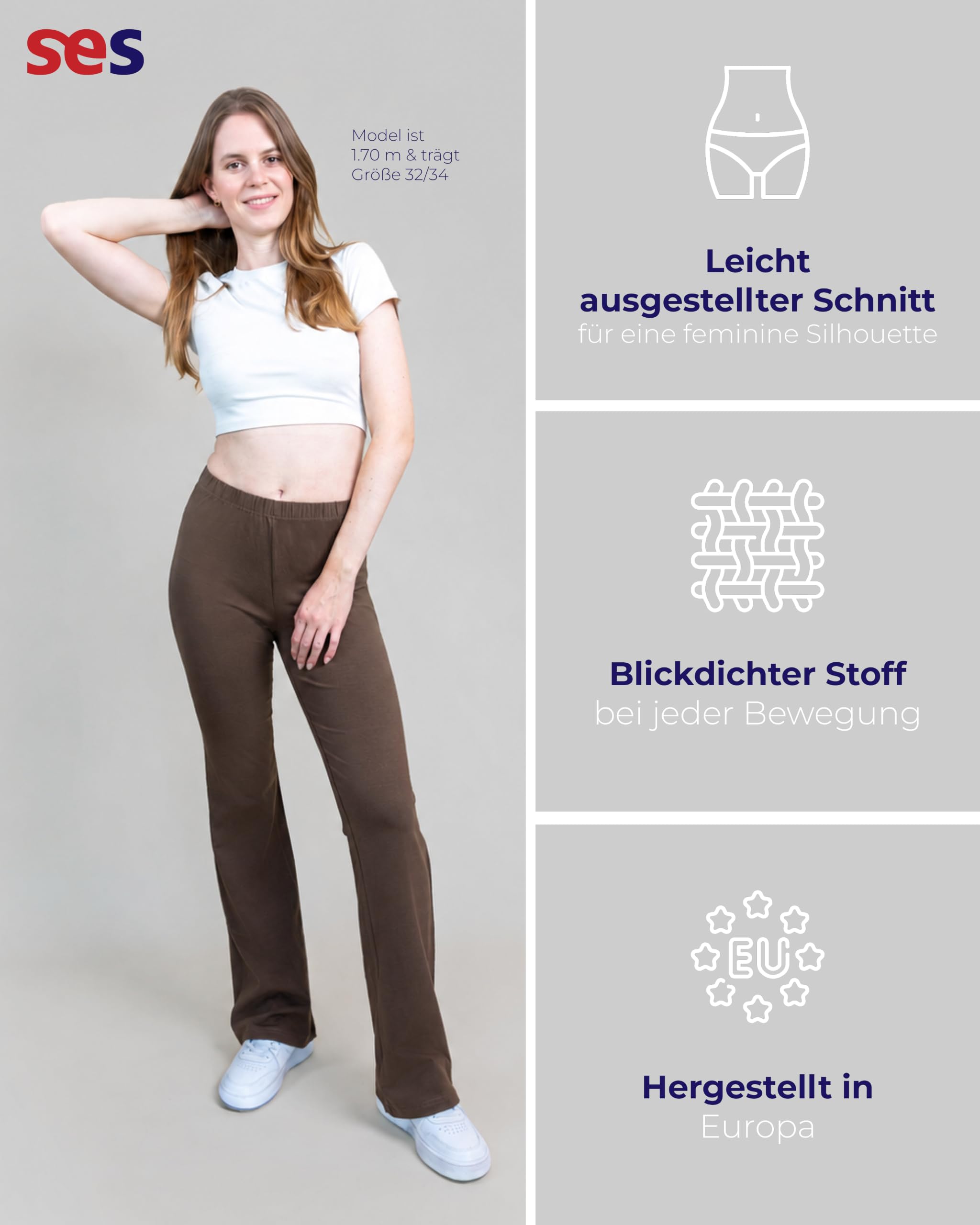 SES Lot de 2 leggings évasés en coton pour femme - Taille 32/34 - 56/58 - Pantalon de jazz confortable à jambe large - Pantalon de yoga pour femme avec taille douce