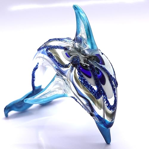 Miniatura 3 de Figuras en miniatura de delfines animales soplados a mano, arte de vidrio, océano, regalo coleccionable, decoración del hogar, 4 pulgadas (azul)