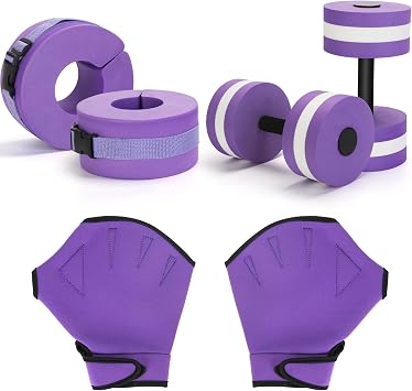 Water Dumbbells Set,6 Pieces Water Aerobic Exercise Foam Dumbbell Set Pool Resistance,Detachable Aquatic Dumbells,Resistance Gloves,Aquatic Cuffs,Water Workout Fitness Tools for Weight Loss,Purple