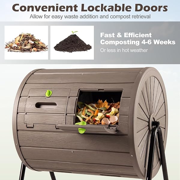 COSTWAY 142L Tumbling Composter, Dual Chamber Rotating Garden Compost Bin with 2 Lockable Doors, BPA-Free Compost Waste Bin Tumbler for Kitchen Yard Farm, Easy Assembly (Coffee) - 4