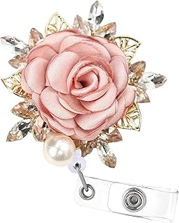 Elegant Pink Rose Crystal Pearl Badge Reel – Magnetic Retractable ID Holder with 360° Swivel Clip & 32" Cord, Decorative Fabric Flower Name Tag Reel for Nurses, Teachers & Office Staff