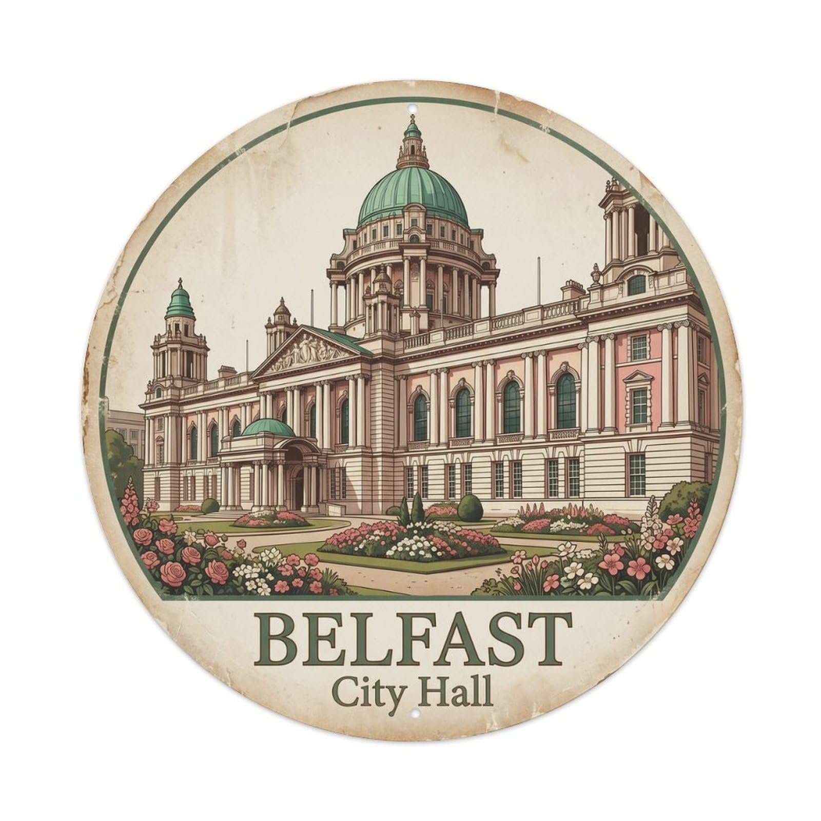 Vintage Travel Belfast City Hall 1 Metal Tin Sign Plaque Wall Decor for Cafe, Club, Garden Round Metal Poster 8x8Inch