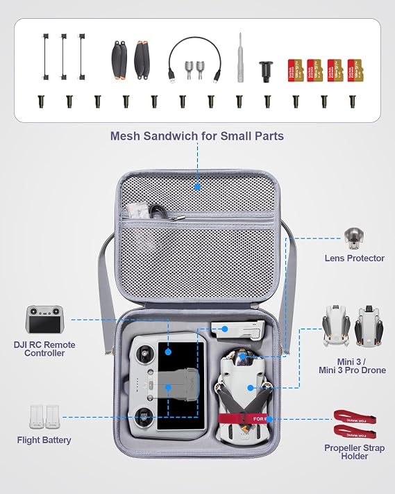 LINGHUANG Mini 3 Pro Drone Hard Carrying Case, Original Storage Case with Propeller Holder Strap Kit for DJI Mini 3 Pro, Mini3 Drone and 2 Batteries | Storage Case with Propeller Holder for DJI Mini 3 Pro / Mini 3 Drone and RC Controller & 2 Batteries