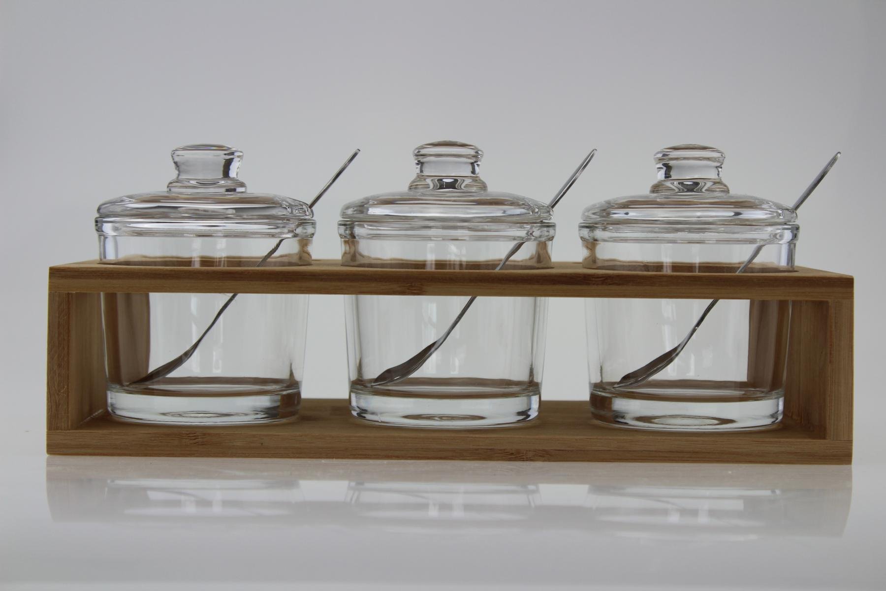 Sendez Set di 3 barattoli per spezie con struttura in legno e cucchiaio, per parmigiano, per marmellate, miele, zuccheriera, 27 x 13 x 12 cm, 10 pezzi