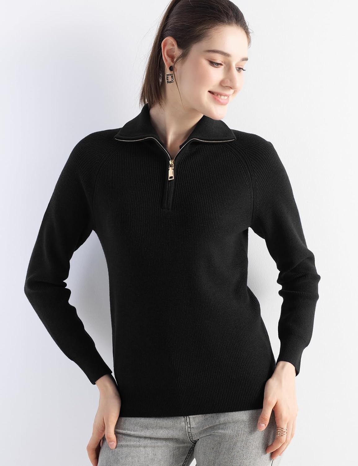 Women's Merino Wool Blend Sweater 2025 Fall Winter Trendy Polo V Neck 1/4 Zipper Long Sleeve Knit Pullover Sweater - Image 5
