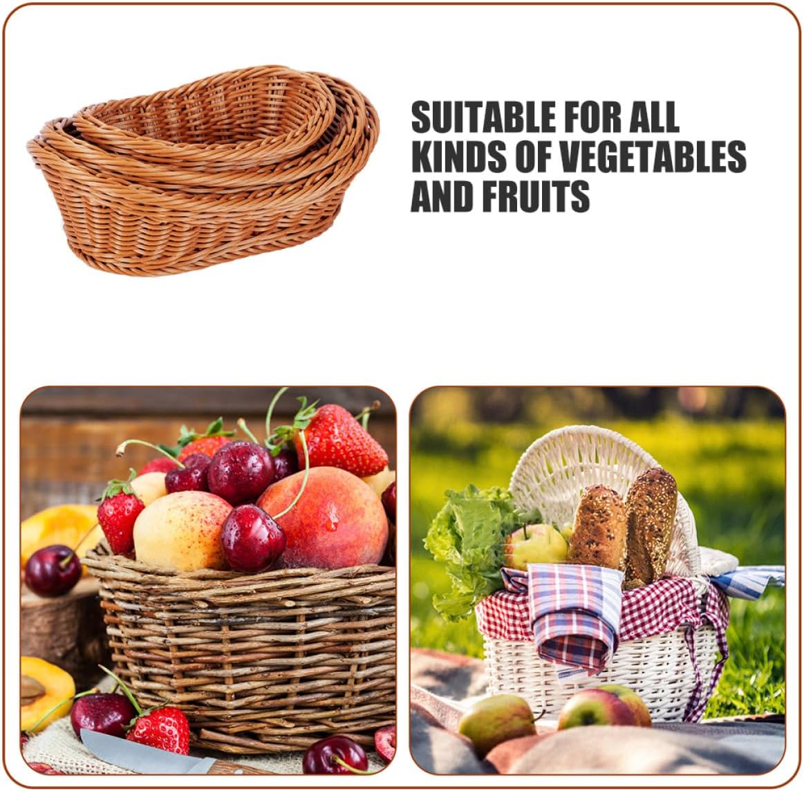 Xmas Oval Woven Bread Basket 3pcs Plastic Stackable Fruit Basket