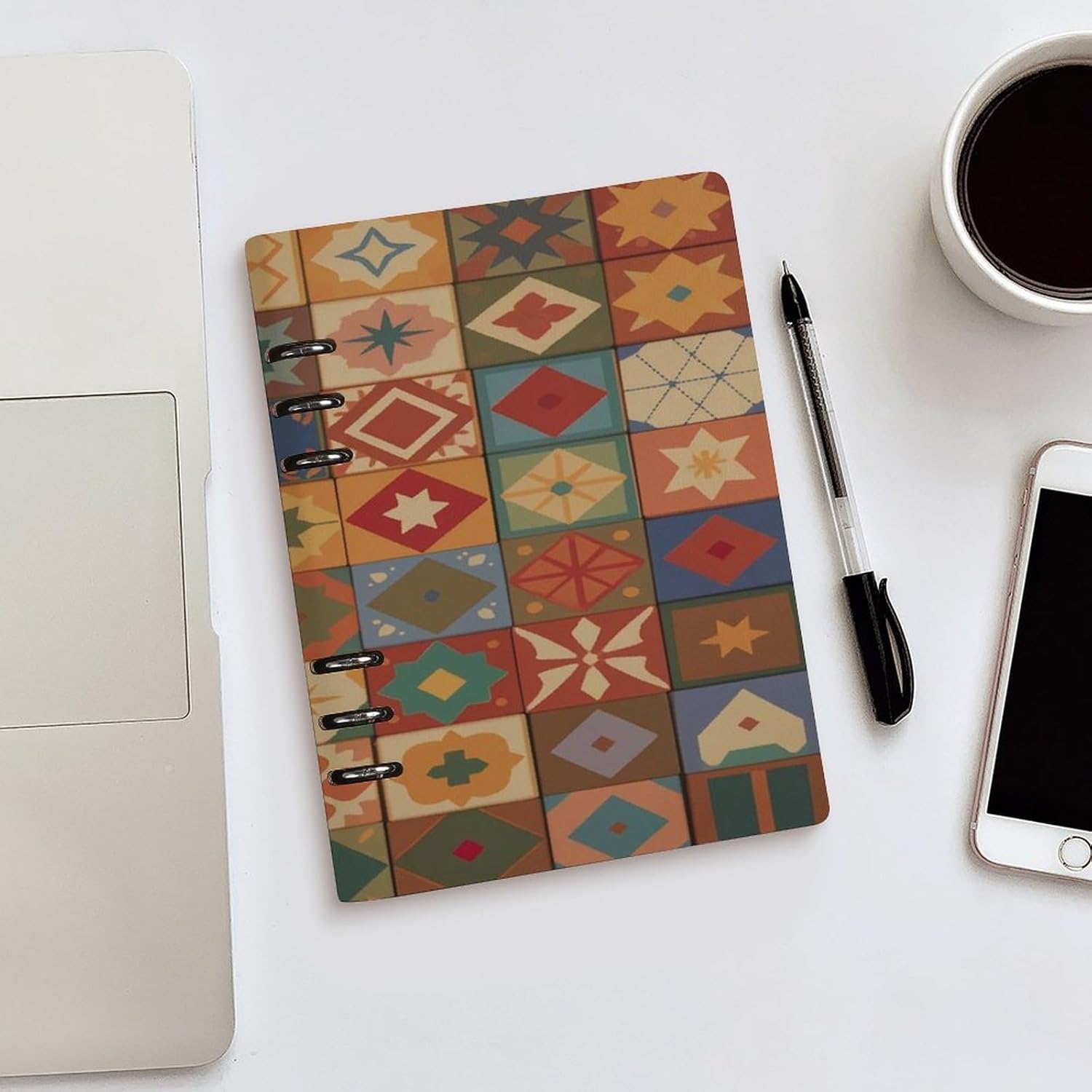 Group of Moroccan Geometric Refillable Notebook A5 Leather Loose Leaf Notebooks 6 Ring Binder Subject Notebook Spiral Writing Journal Composition Planner Notebook for Business Travel Personal