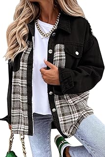 SHEWIN Women's Denim Jacket Long Sleeve Plaid Button Down Shirts Shacket Jacket