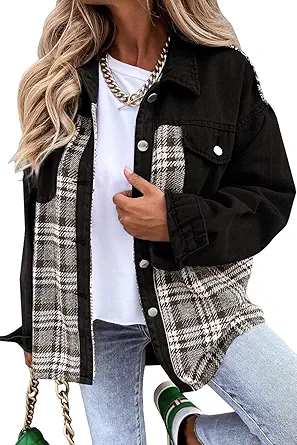 SHEWIN Women's 2023 Fall Fashion Denim Jacket Long Sleeve Plaid Button Down Shirts Shacket Jacket