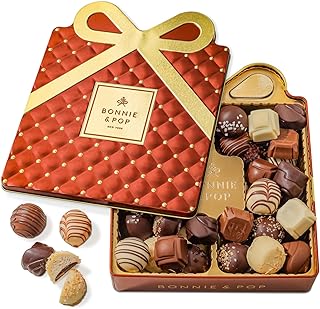 Chocolate Gift Basket, Christmas Candy Food Gifts Arrangement Platter, Gourmet Snack Gift Bow Tin Box, Present Idea, Stocking Stuffer, Corporate Him & Her, Men Women Family Parties- Gourmet Belgian Truffles- Brown- Bonnie & Pop