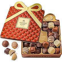 Thanksgiving Chocolate Gift Basket, Candy Food Gifts Arrangement Platter, Gourmet Snack Gift Bow Tin Box, Present Idea, Stocking Stuffer, Corporate Him &amp; Her, Men Women Family Parties- Gourmet Belgian Truffles- Brown- Bonnie &amp; Pop