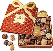 Thanksgiving Chocolate Gift Basket, Candy Food Gifts Arrangement Platter, Gourmet Snack Gift Bow Tin Box, Present Idea, Stocking Stuffer, Corporate Him & Her, Men Women Family Parties- Gourmet Belgian Truffles- Brown- Bonnie & Pop