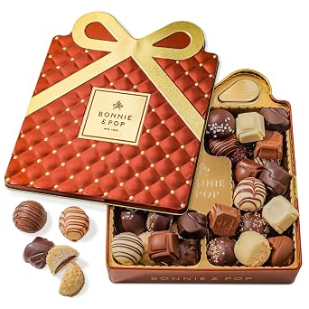 Chocolate Gift Basket, Candy Food Gifts Arrangement Platter, Gourmet Snack Gift Bow Tin Box, Present Idea, Corporate Him & Her, Men, Women, Family- Gourmet Belgian Truffles- Brown- Bonnie & Pop