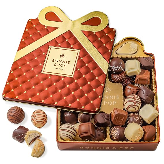 Chocolate Gift Basket, Candy Food Gifts Arrangement Platter, Gourmet Snack Gift Bow Tin Box, Present Idea, Corporate Him & Her, Men, Women, Family- Gourmet Belgian Truffles- Brown- Bonnie & Pop