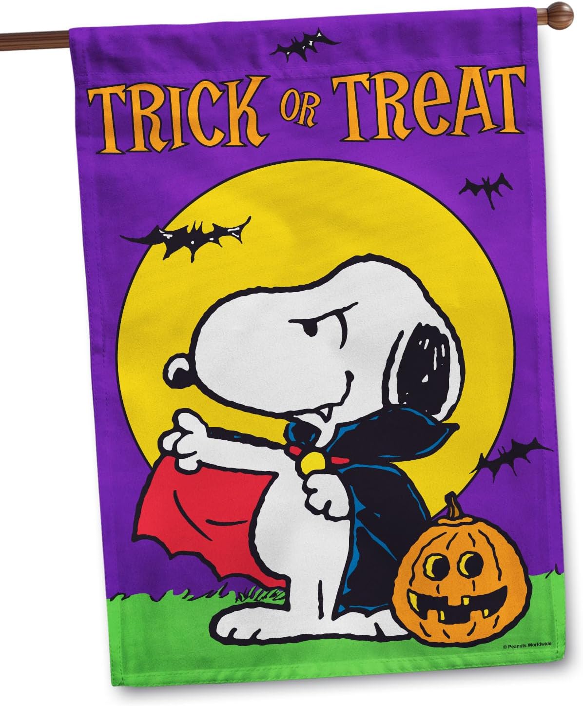 Flagology, PEANUTS® Trick or Treat Vampire Snoopy House Flag 28" x 40", Outdoor Flag, Exclusive Premium Fabric, Officially Licensed PEANUTS®, Halloween