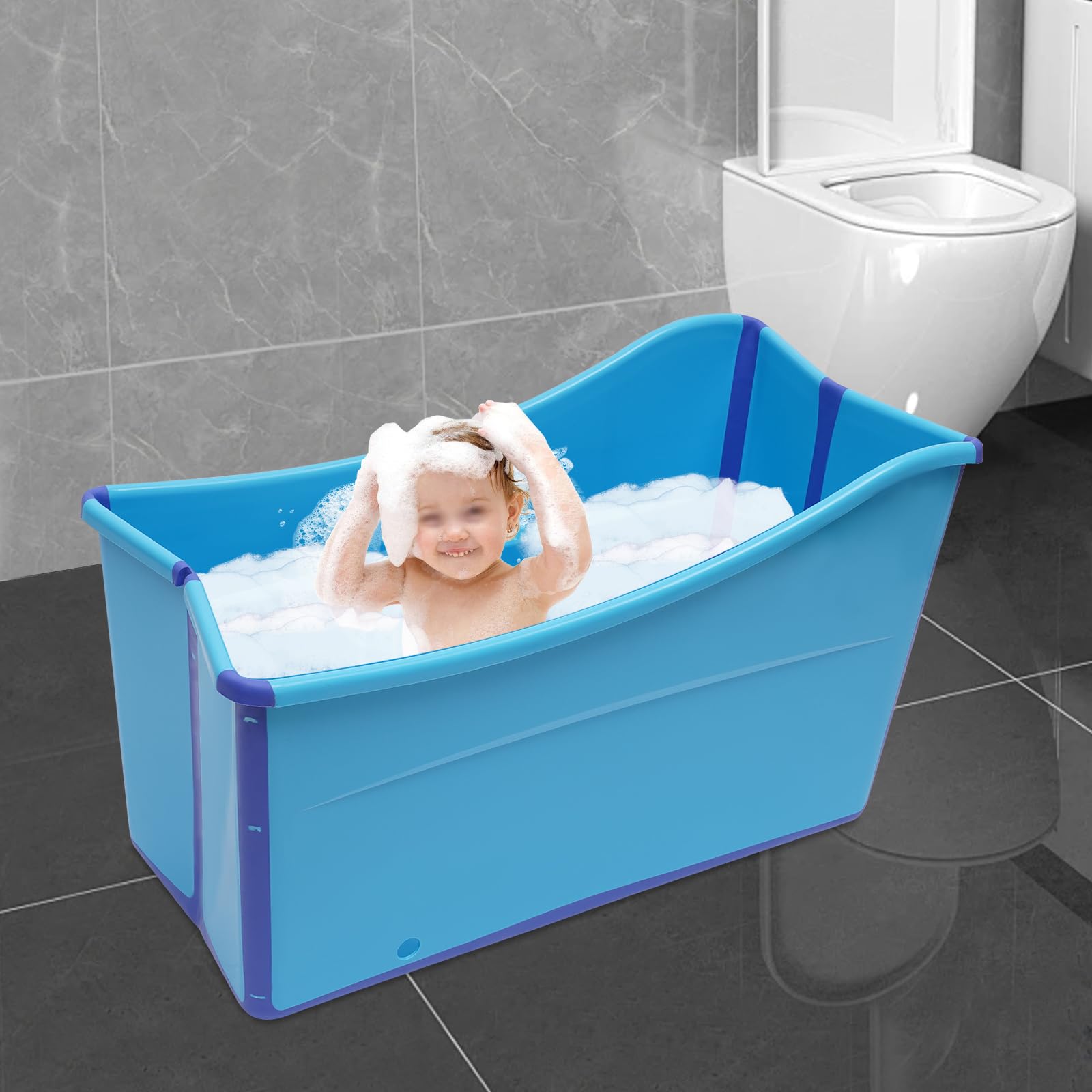 Faltbare Badewanne, PP+TPE Tragbare Badewanne Klappbar Erwachsene Kinder, Kunststoffbadewanne Spa Wanne für Badezimmer Balkon Hotel, Blau 87 * 46 cm