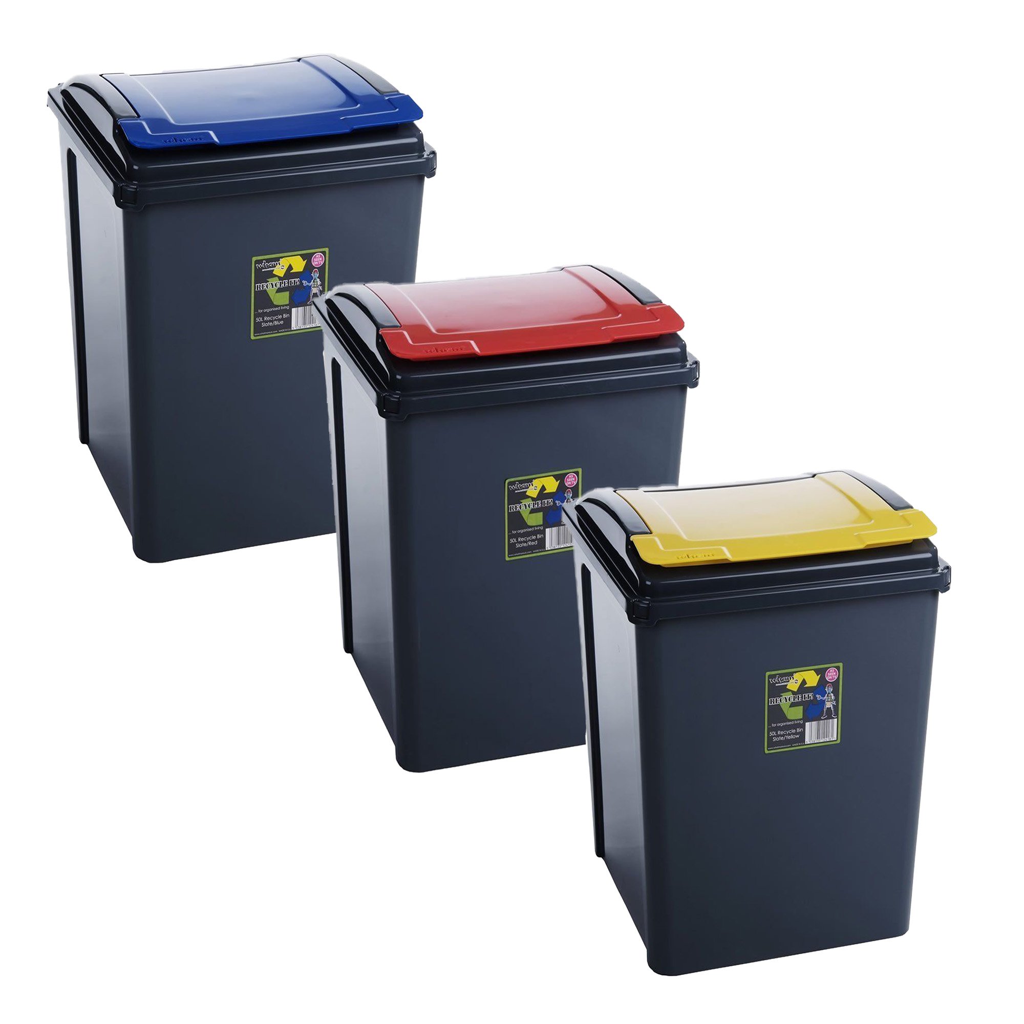 3x/50 Litre Plastic Waste Recycle Bin with Flap Lid For Kitchen Home Office