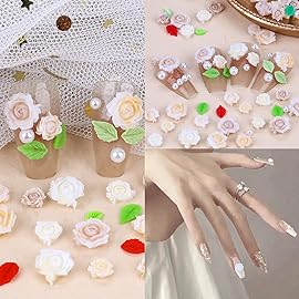 Sinyanail 3D Flower Nail Charms Set,150pcs Mixed Size Camellia Rose Resin Charms,150pcs Mixed Size and Color Leaves,100pcs Round White Pearl Beads for Women\'s Manicure Making (13-Rose-3Yellow)