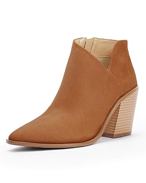Womens Pointed Toe Ankle Boots Block Stacked Chunky Heel Cutout Side Zipper Fall Booties Shoe