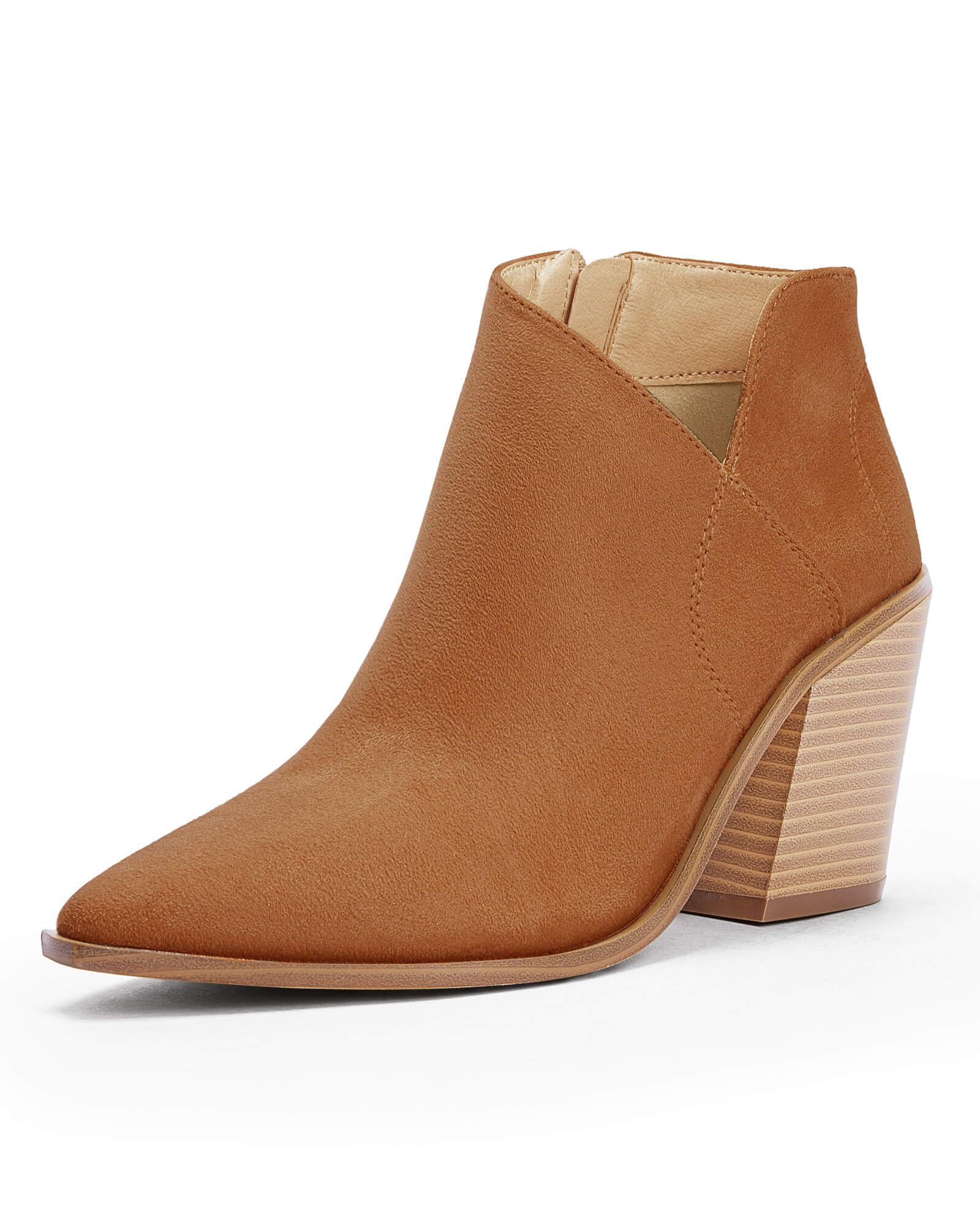 Womens Pointed Toe Ankle Boots Block Stacked Chunky Heel Cutout Side Zipper Fall Booties Shoe