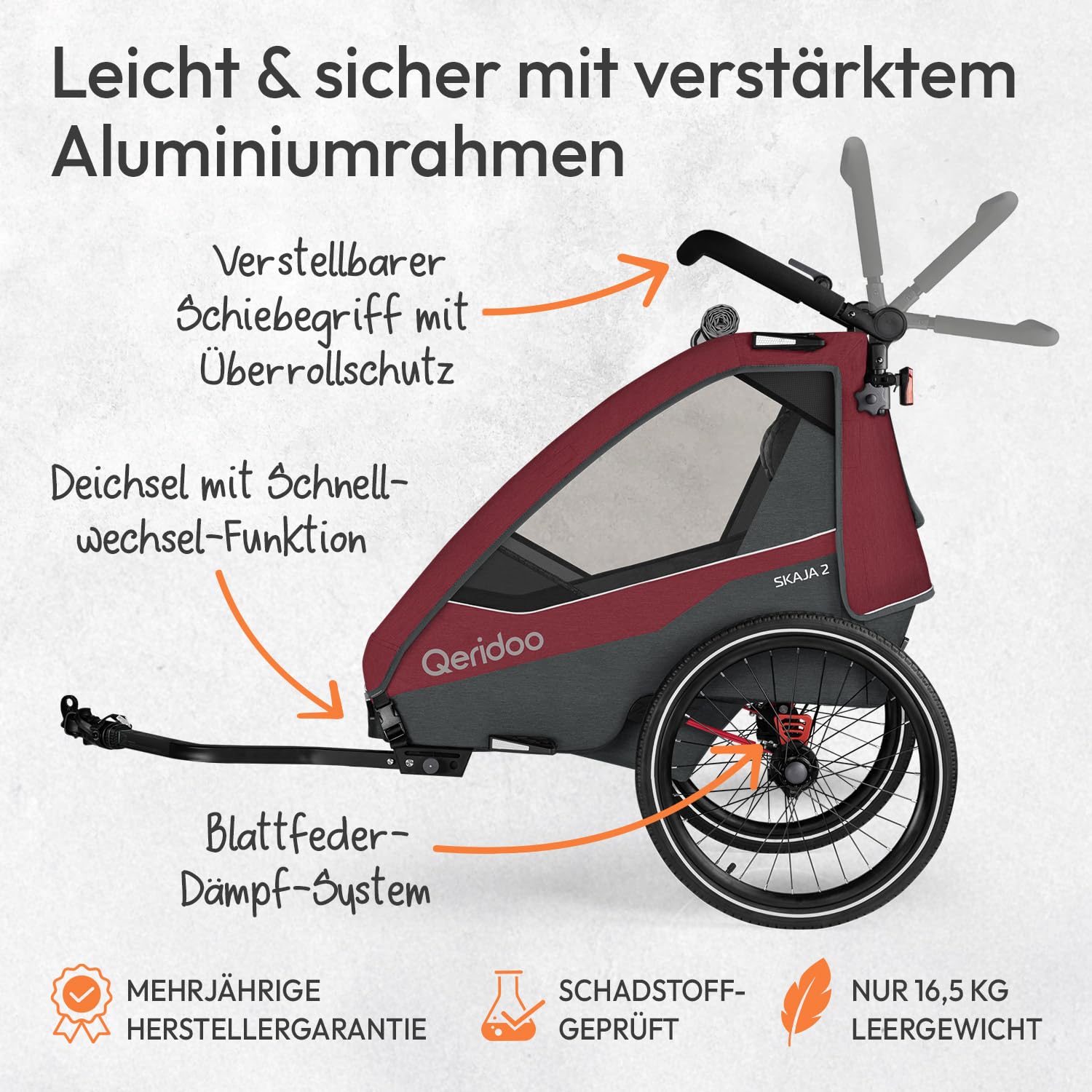 Qeridoo Skaja 2 Cayenne Red | Fahrradanhänger 2 Kinder mit Premium-Federung & 3-in-1-Funktion | Kinderfahrradanhänger & Jogger Kinderwagen | Leichter Fahrrad Anhänger Kinder | Sicher & Komfortabel