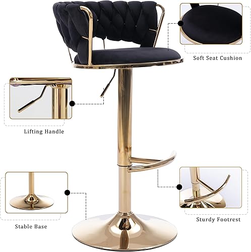 Miniatura 6 de Juego de 2 taburetes de bar de terciopelo giratorios con base de metal dorado, taburetes de bar modernos de altura de mostrador para cocina, pub,