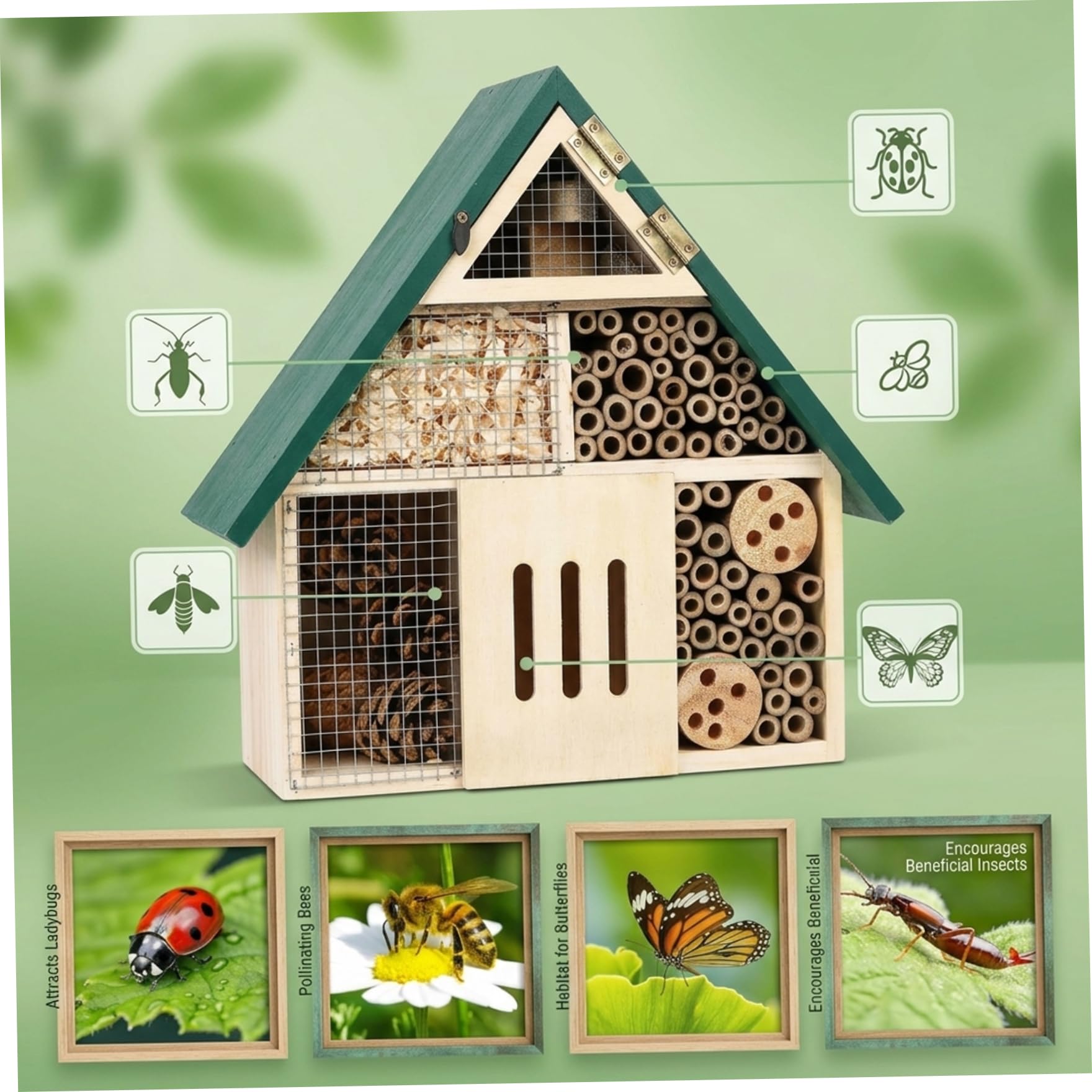 Casette per da giardino, Casetta per insetti in legno naturale con tetto verde, Habitat sospeso per muratrici, e insetti benefici, Decorazione da giardino per esterni Casetta